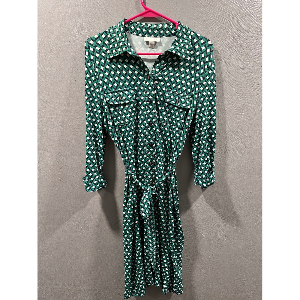 Charter Club Womens Green Geometric Print Button Front Belted Shirt Dress Size M